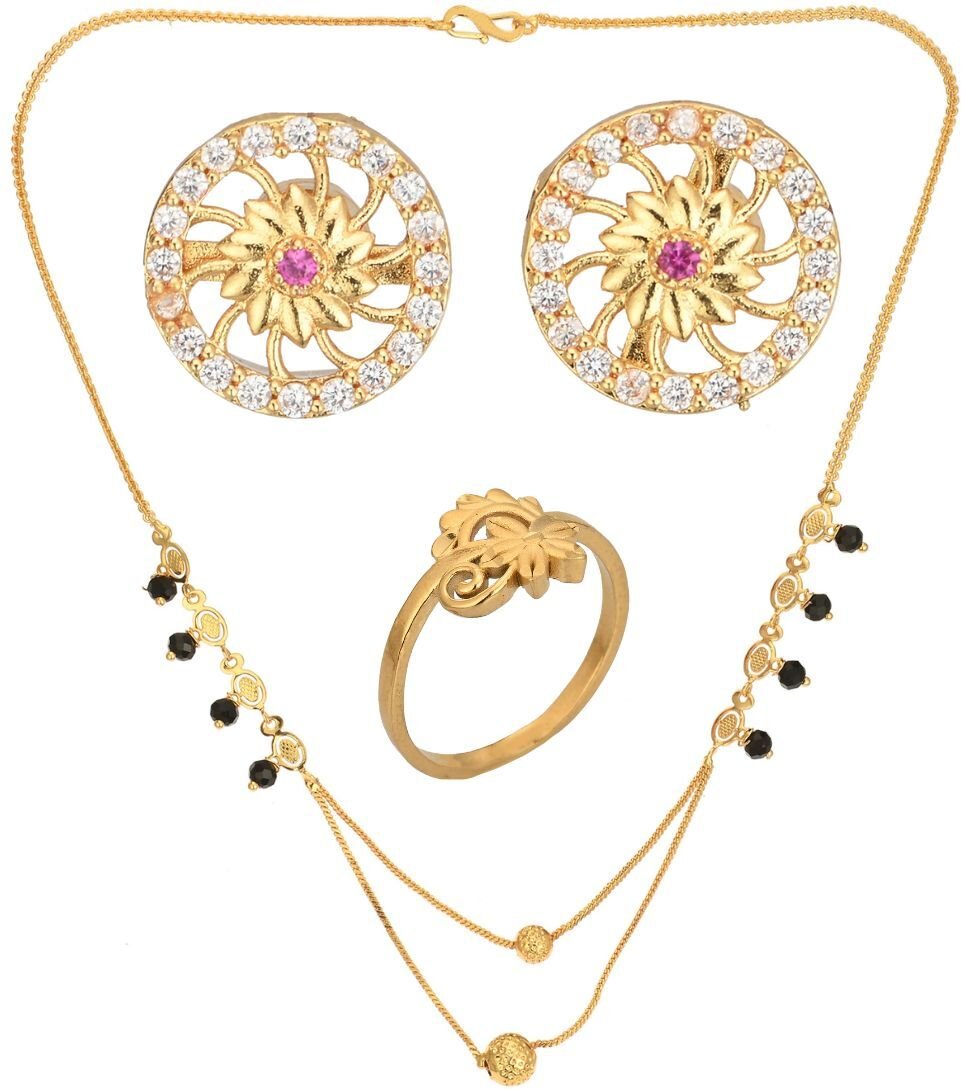 AanyaCentric Gold-Polished Jewelry Combo: Elegant Short Mangalsutra, Finger Ring, and American Diamond Earrings Set