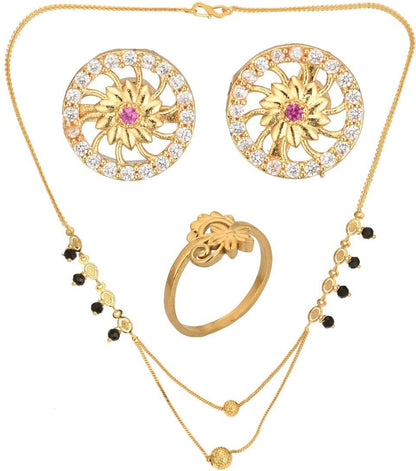 AanyaCentric Gold-Polished Jewelry Combo: Elegant Short Mangalsutra, Finger Ring, and American Diamond Earrings Set