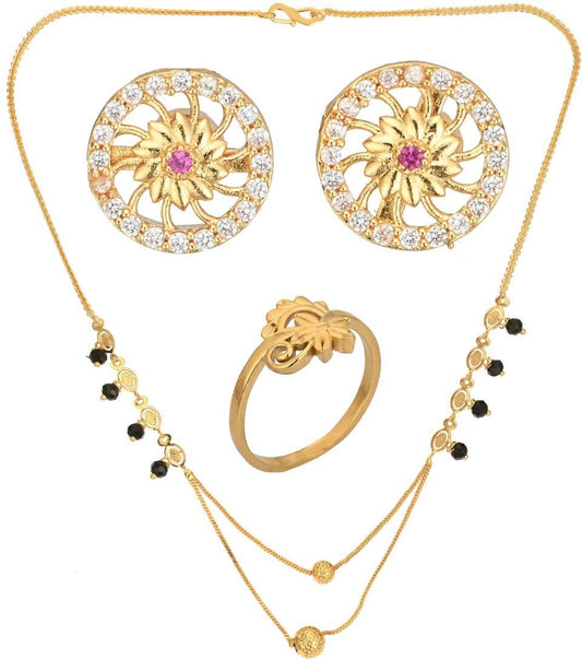 AanyaCentric Gold-Polished Jewelry Combo: Elegant Short Mangalsutra, Finger Ring, and American Diamond Earrings Set