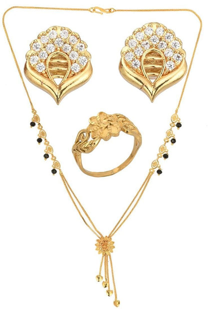 AanyaCentric Gold-Polished Jewelry Combo: Elegant Short Mangalsutra, Finger Ring, and American Diamond Earrings Set