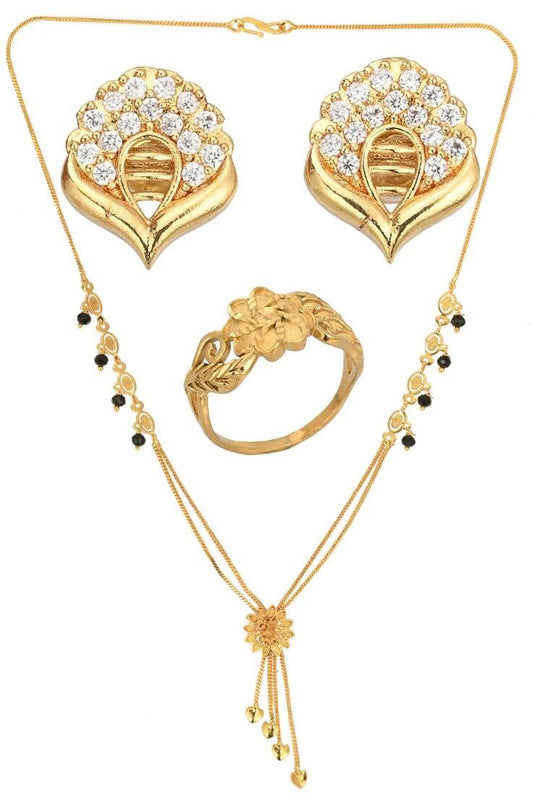 AanyaCentric Gold-Polished Jewelry Combo: Elegant Short Mangalsutra, Finger Ring, and American Diamond Earrings Set