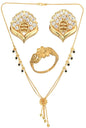 AanyaCentric Gold-Polished Jewelry Combo: Elegant Short Mangalsutra, Finger Ring, and American Diamond Earrings Set