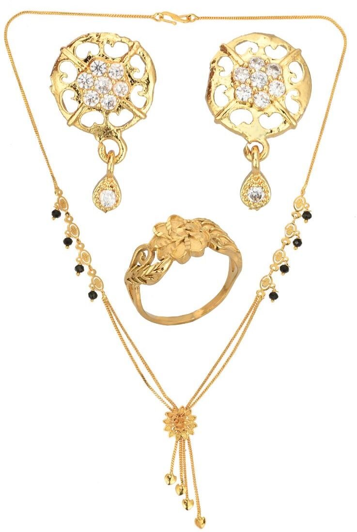 AanyaCentric Gold-Polished Jewelry Combo: Elegant Short Mangalsutra, Finger Ring, and American Diamond Earrings Set