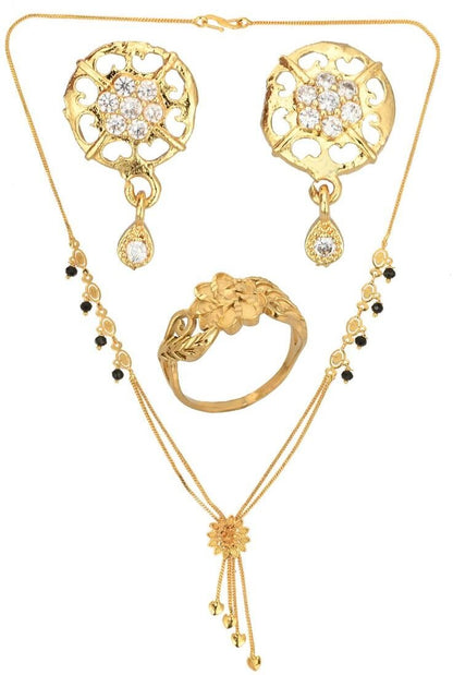 AanyaCentric Gold-Polished Jewelry Combo: Elegant Short Mangalsutra, Finger Ring, and American Diamond Earrings Set