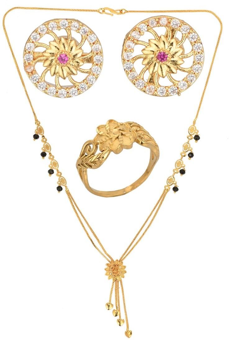 AanyaCentric Gold-Polished Jewelry Combo: Elegant Short Mangalsutra, Finger Ring, and American Diamond Earrings Set