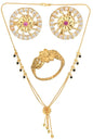AanyaCentric Gold-Polished Jewelry Combo: Elegant Short Mangalsutra, Finger Ring, and American Diamond Earrings Set