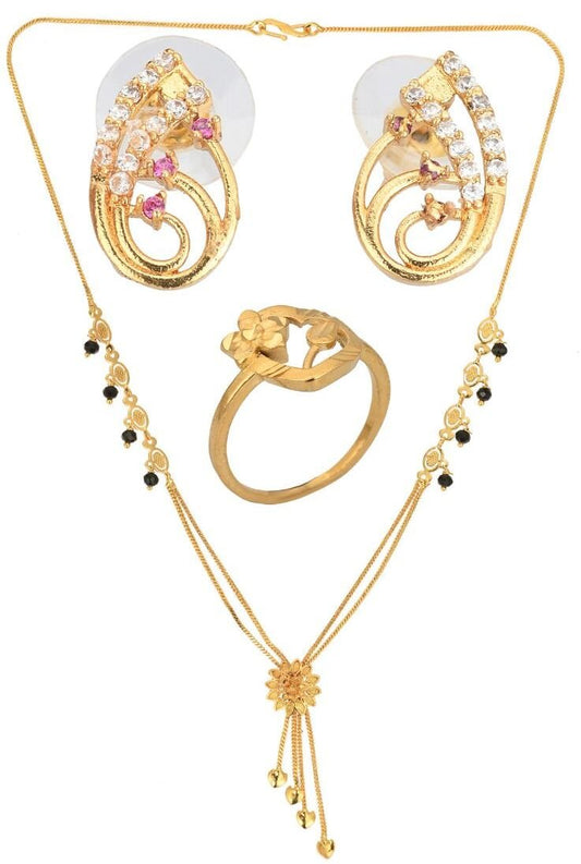 AanyaCentric Gold-Polished Jewelry Combo: Elegant Short Mangalsutra, Finger Ring, and American Diamond Earrings Set