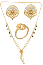 AanyaCentric Gold-Polished Jewelry Combo: Elegant Short Mangalsutra, Finger Ring, and American Diamond Earrings Set