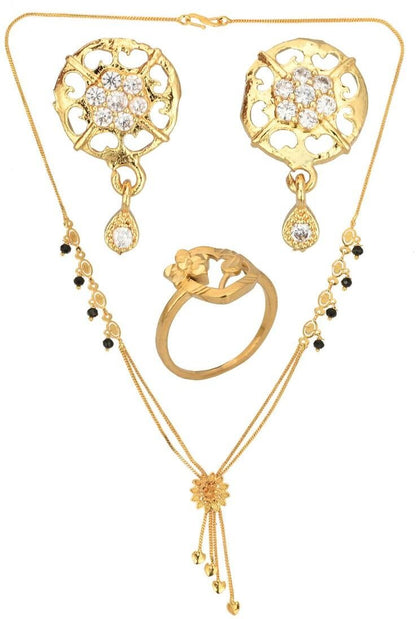 AanyaCentric Gold-Polished Jewelry Combo: Elegant Short Mangalsutra, Finger Ring, and American Diamond Earrings Set