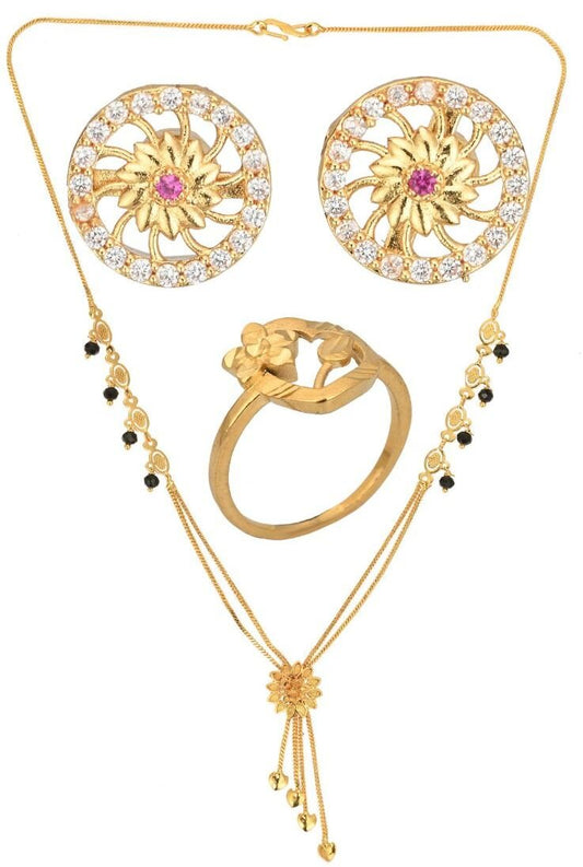 AanyaCentric Gold-Polished Jewelry Combo: Elegant Short Mangalsutra, Finger Ring, and American Diamond Earrings Set