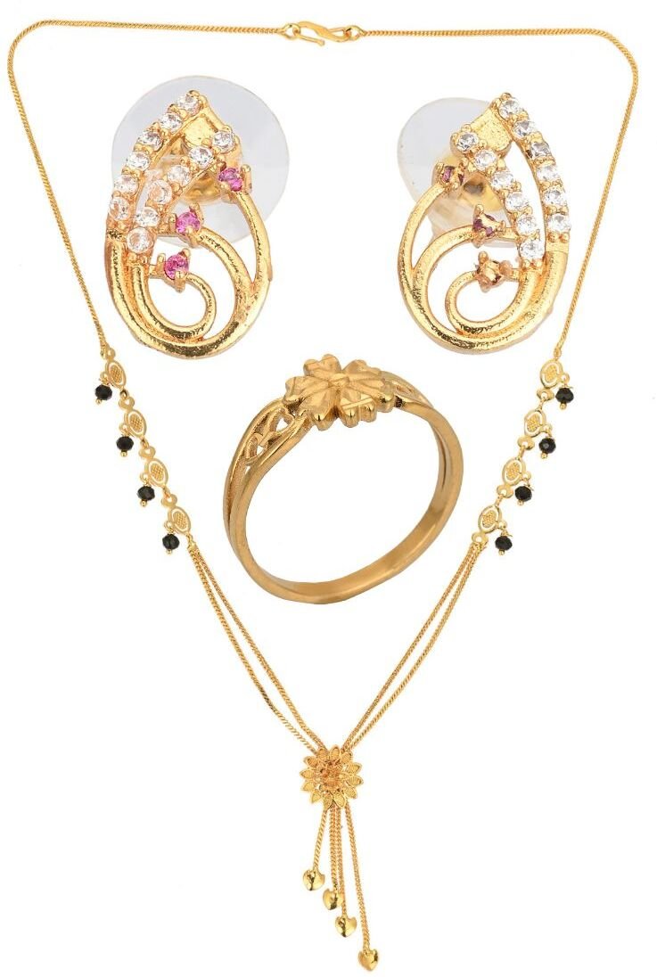 AanyaCentric Gold-Polished Jewelry Combo: Elegant Short Mangalsutra, Finger Ring, and American Diamond Earrings Set