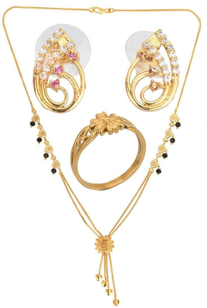 AanyaCentric Gold-Polished Jewelry Combo: Elegant Short Mangalsutra, Finger Ring, and American Diamond Earrings Set