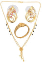 AanyaCentric Gold-Polished Jewelry Combo: Elegant Short Mangalsutra, Finger Ring, and American Diamond Earrings Set