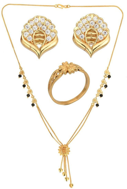 AanyaCentric Gold-Polished Jewelry Combo: Elegant Short Mangalsutra, Finger Ring, and American Diamond Earrings Set