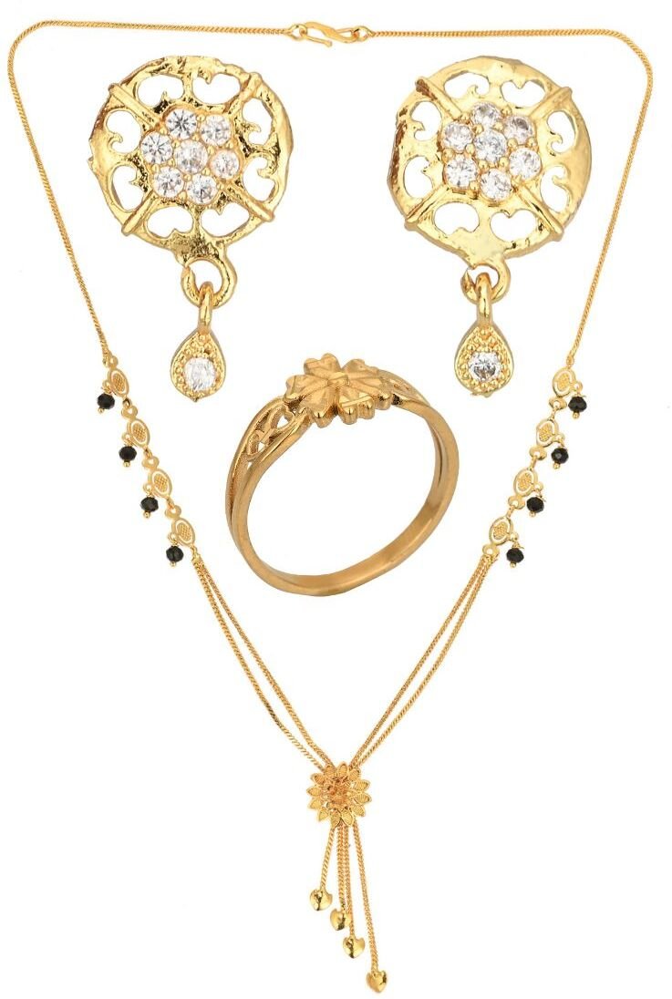 AanyaCentric Gold-Polished Jewelry Combo: Elegant Short Mangalsutra, Finger Ring, and American Diamond Earrings Set