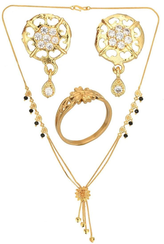 AanyaCentric Gold-Polished Jewelry Combo: Elegant Short Mangalsutra, Finger Ring, and American Diamond Earrings Set
