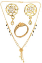 AanyaCentric Gold-Polished Jewelry Combo: Elegant Short Mangalsutra, Finger Ring, and American Diamond Earrings Set