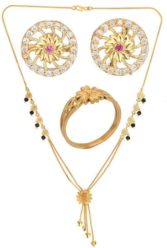 AanyaCentric Gold-Polished Jewelry Combo: Elegant Short Mangalsutra, Finger Ring, and American Diamond Earrings Set
