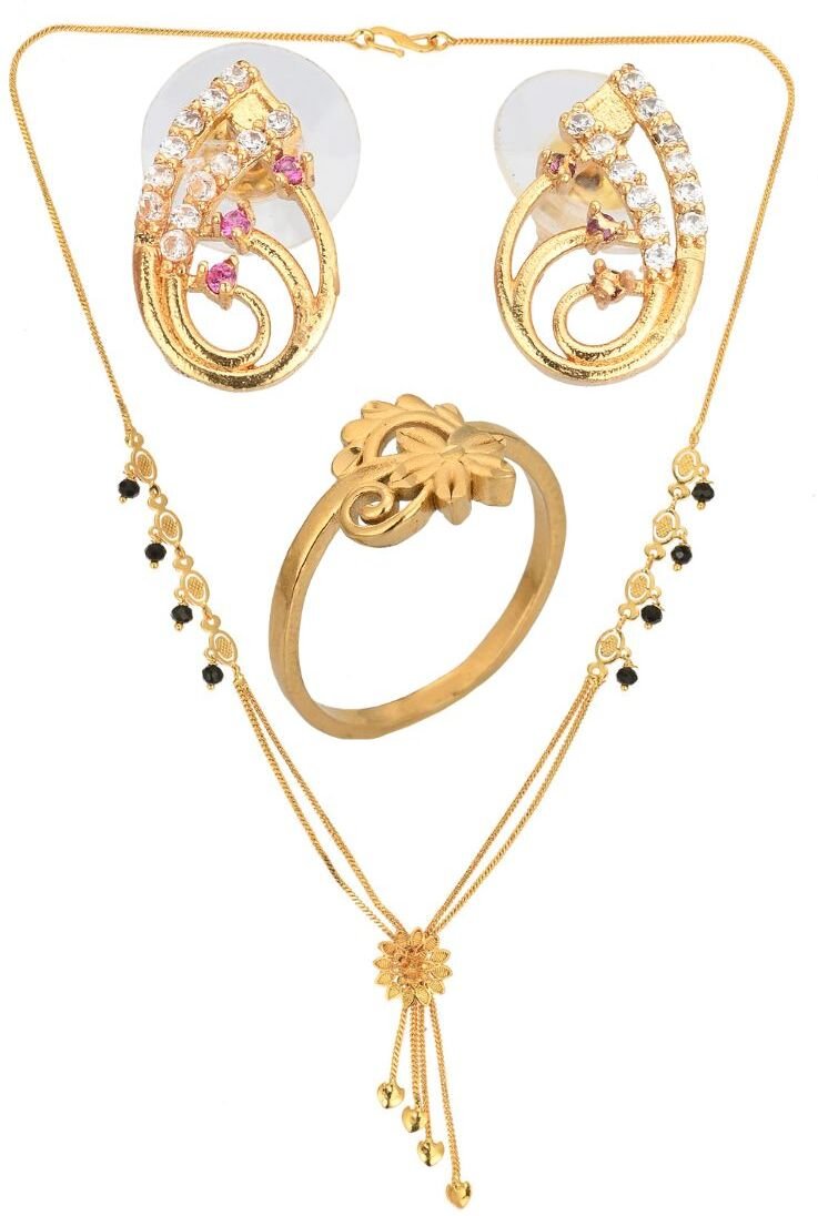 AanyaCentric Gold-Polished Jewelry Combo: Elegant Short Mangalsutra, Finger Ring, and American Diamond Earrings Set