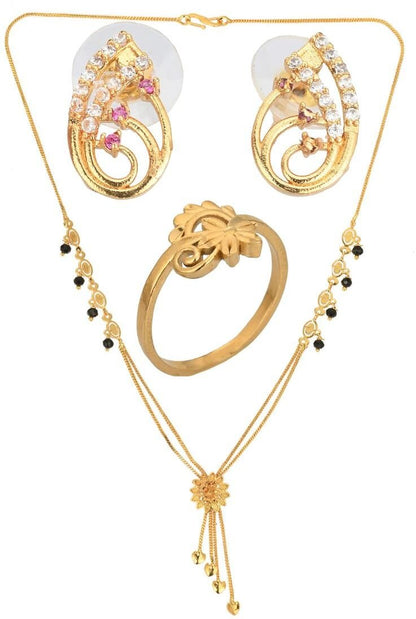 AanyaCentric Gold-Polished Jewelry Combo: Elegant Short Mangalsutra, Finger Ring, and American Diamond Earrings Set
