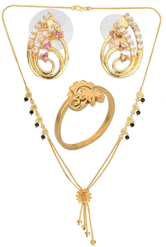 AanyaCentric Gold-Polished Jewelry Combo: Elegant Short Mangalsutra, Finger Ring, and American Diamond Earrings Set