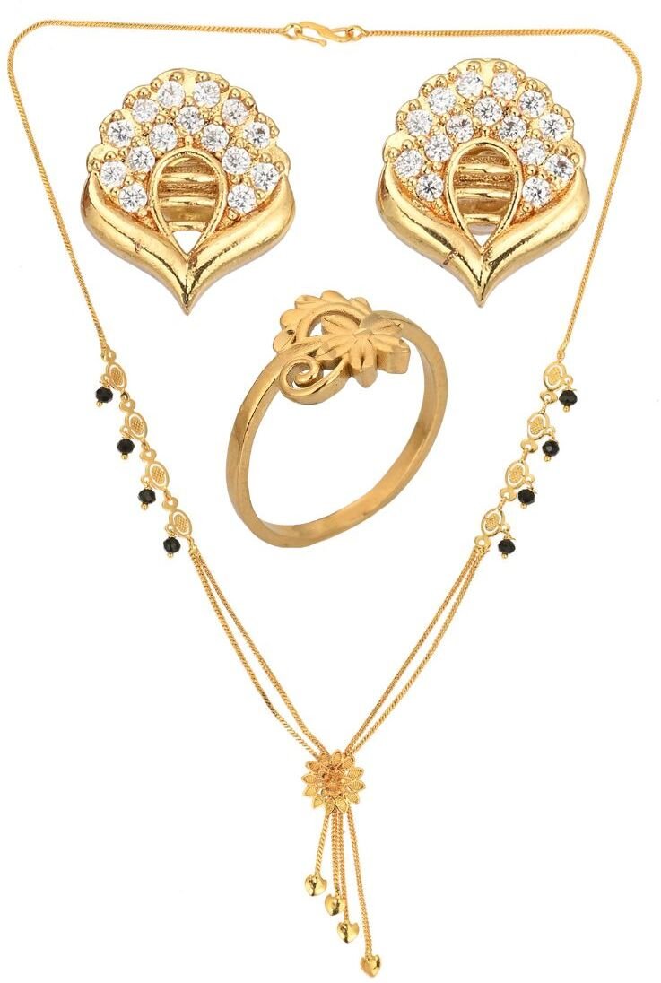 AanyaCentric Gold-Polished Jewelry Combo: Elegant Short Mangalsutra, Finger Ring, and American Diamond Earrings Set
