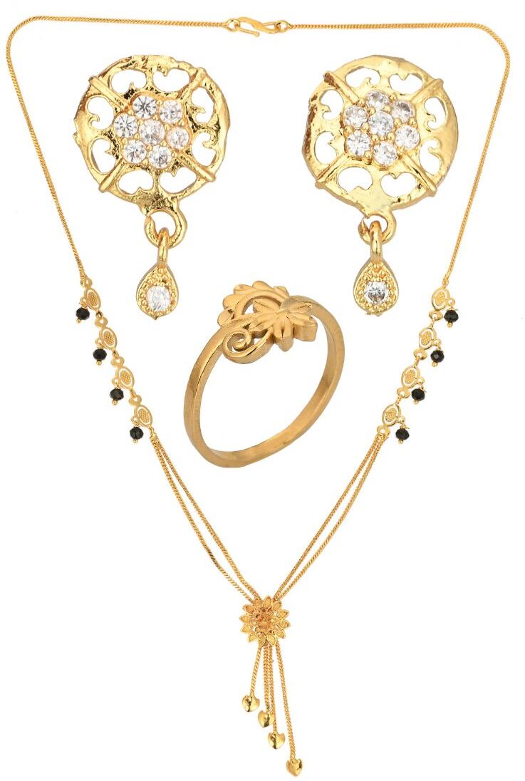 AanyaCentric Gold-Polished Jewelry Combo: Elegant Short Mangalsutra, Finger Ring, and American Diamond Earrings Set