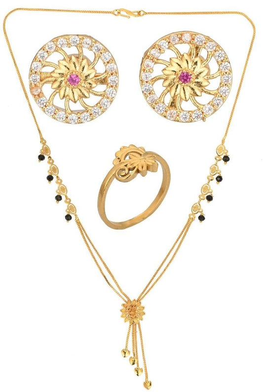 AanyaCentric Gold-Polished Jewelry Combo: Elegant Short Mangalsutra, Finger Ring, and American Diamond Earrings Set
