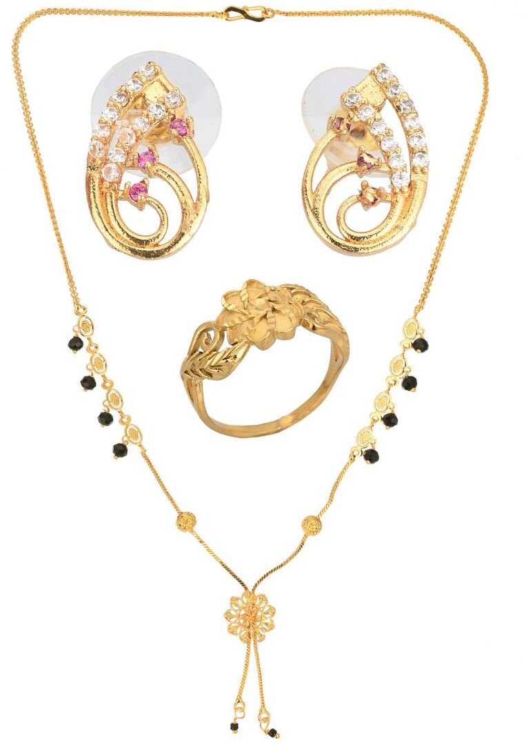AanyaCentric Gold-Polished Jewelry Combo: Elegant Short Mangalsutra, Finger Ring, and American Diamond Earrings Set