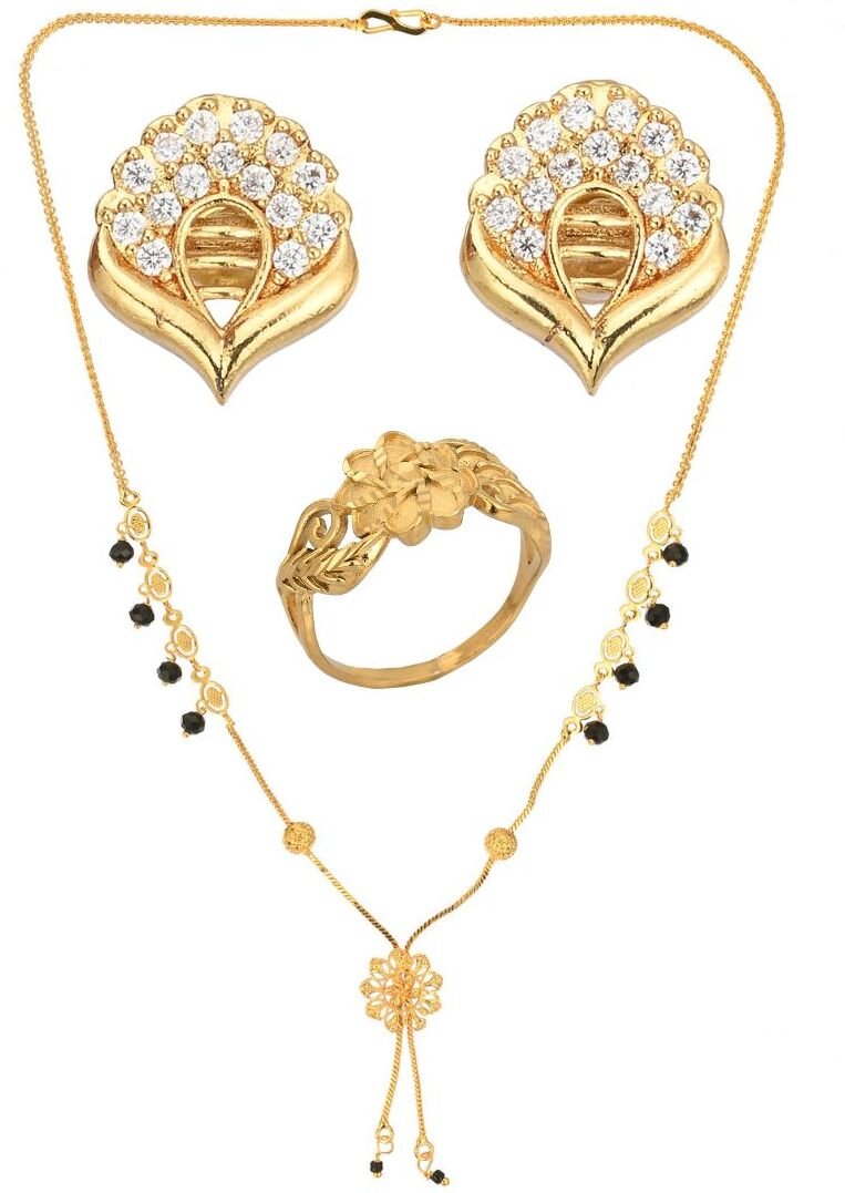 AanyaCentric Gold-Polished Jewelry Combo: Elegant Short Mangalsutra, Finger Ring, and American Diamond Earrings Set