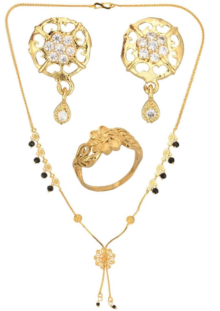 AanyaCentric Gold-Polished Jewelry Combo: Elegant Short Mangalsutra, Finger Ring, and American Diamond Earrings Set