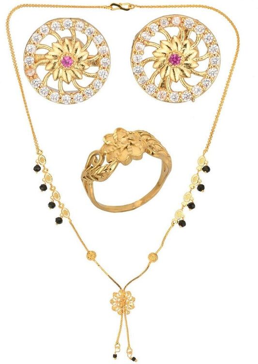 AanyaCentric Gold-Polished Jewelry Combo: Elegant Short Mangalsutra, Finger Ring, and American Diamond Earrings Set