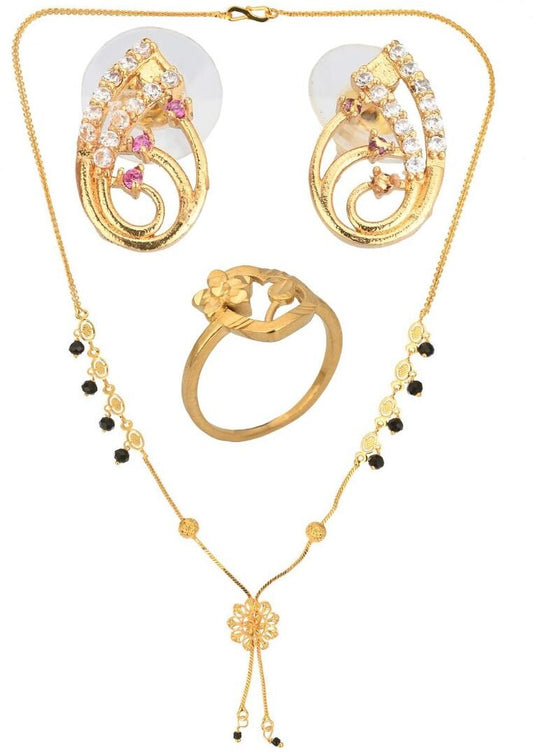 AanyaCentric Gold-Polished Jewelry Combo: Elegant Short Mangalsutra, Finger Ring, and American Diamond Earrings Set