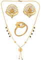 AanyaCentric Gold-Polished Jewelry Combo: Elegant Short Mangalsutra, Finger Ring, and American Diamond Earrings Set