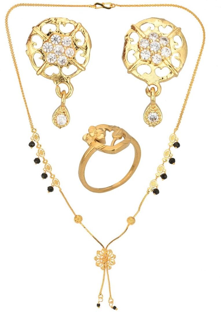 AanyaCentric Gold-Polished Jewelry Combo: Elegant Short Mangalsutra, Finger Ring, and American Diamond Earrings Set