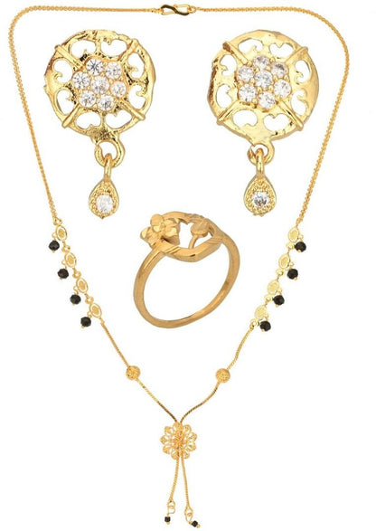 AanyaCentric Gold-Polished Jewelry Combo: Elegant Short Mangalsutra, Finger Ring, and American Diamond Earrings Set