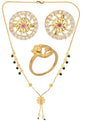 AanyaCentric Gold-Polished Jewelry Combo: Elegant Short Mangalsutra, Finger Ring, and American Diamond Earrings Set