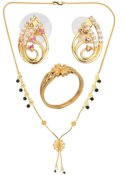 AanyaCentric Gold-Polished Jewelry Combo: Elegant Short Mangalsutra, Finger Ring, and American Diamond Earrings Set