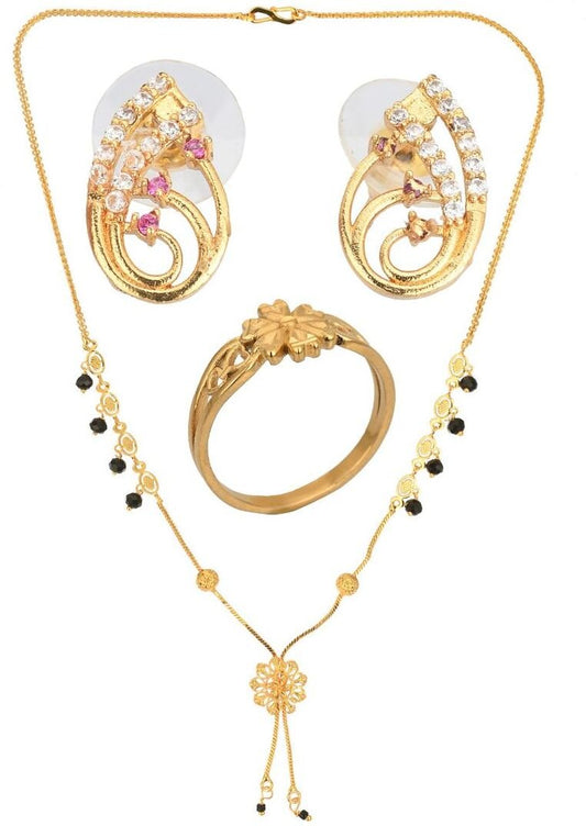 AanyaCentric Gold-Polished Jewelry Combo: Elegant Short Mangalsutra, Finger Ring, and American Diamond Earrings Set