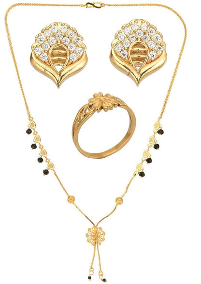 AanyaCentric Gold-Polished Jewelry Combo: Elegant Short Mangalsutra, Finger Ring, and American Diamond Earrings Set