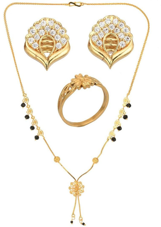 AanyaCentric Gold-Polished Jewelry Combo: Elegant Short Mangalsutra, Finger Ring, and American Diamond Earrings Set