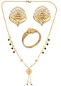 AanyaCentric Gold-Polished Jewelry Combo: Elegant Short Mangalsutra, Finger Ring, and American Diamond Earrings Set