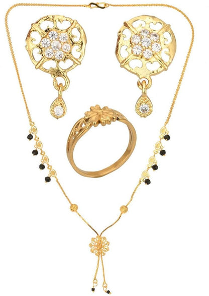 AanyaCentric Gold-Polished Jewelry Combo: Elegant Short Mangalsutra, Finger Ring, and American Diamond Earrings Set