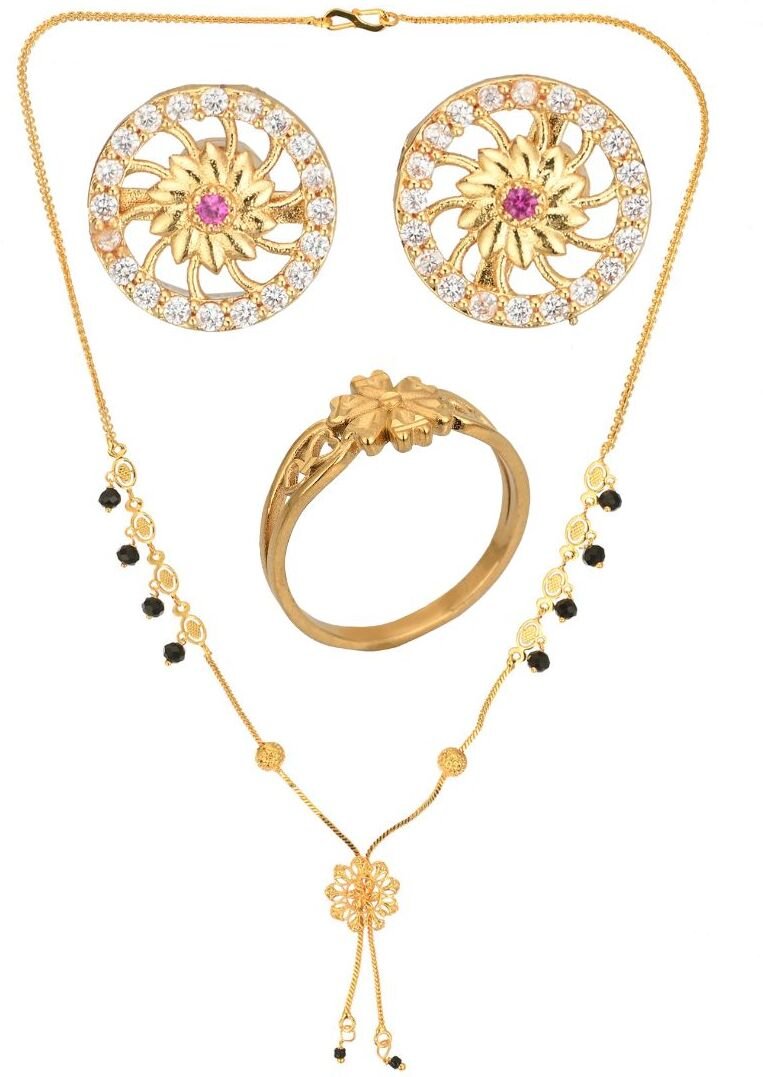 AanyaCentric Gold-Polished Jewelry Combo: Elegant Short Mangalsutra, Finger Ring, and American Diamond Earrings Set