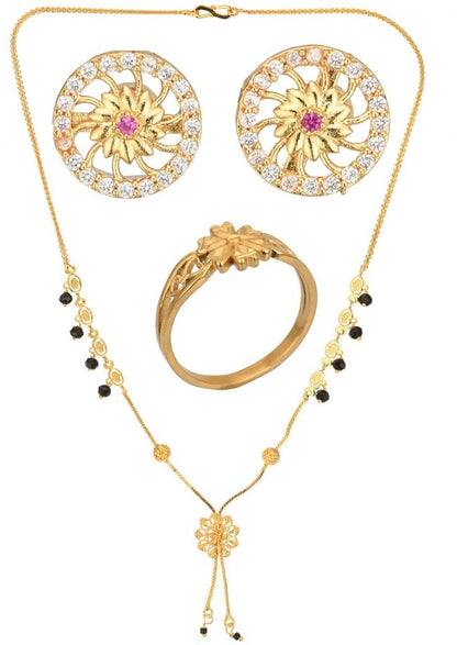 AanyaCentric Gold-Polished Jewelry Combo: Elegant Short Mangalsutra, Finger Ring, and American Diamond Earrings Set