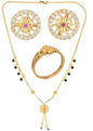 AanyaCentric Gold-Polished Jewelry Combo: Elegant Short Mangalsutra, Finger Ring, and American Diamond Earrings Set