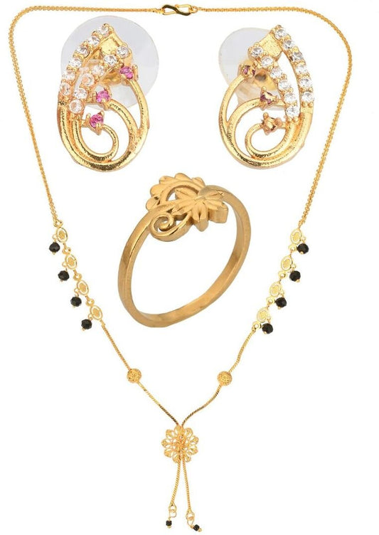 AanyaCentric Gold-Polished Jewelry Combo: Elegant Short Mangalsutra, Finger Ring, and American Diamond Earrings Set
