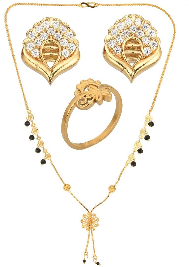 AanyaCentric Gold-Polished Jewelry Combo: Elegant Short Mangalsutra, Finger Ring, and American Diamond Earrings Set