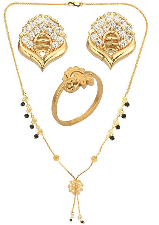 AanyaCentric Gold-Polished Jewelry Combo: Elegant Short Mangalsutra, Finger Ring, and American Diamond Earrings Set