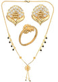 AanyaCentric Gold-Polished Jewelry Combo: Elegant Short Mangalsutra, Finger Ring, and American Diamond Earrings Set